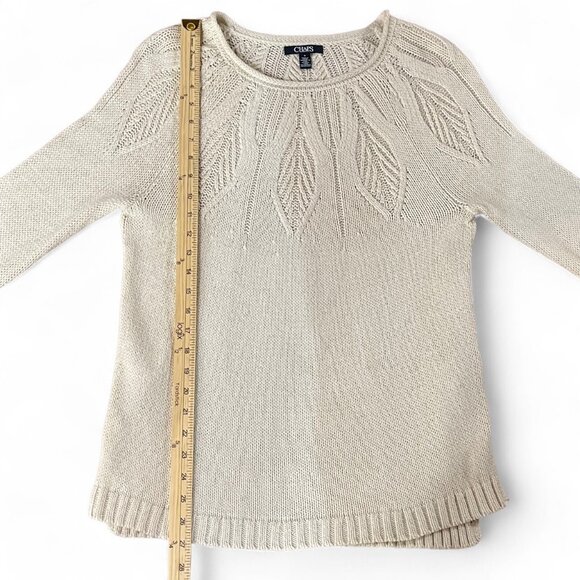 Chaps Womens Size Medium Cream Metallic Sweater Pullover Leaf Pattern - Picture 10 of 13
